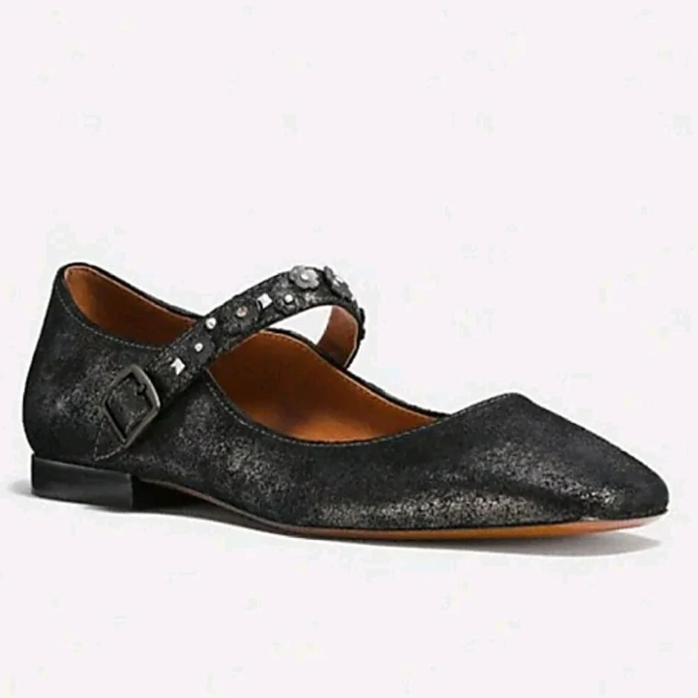 COACH Mary Jane Floral Embellished Anthracite Leather Flats Shoes size 6.5 - Picture 2 of 5